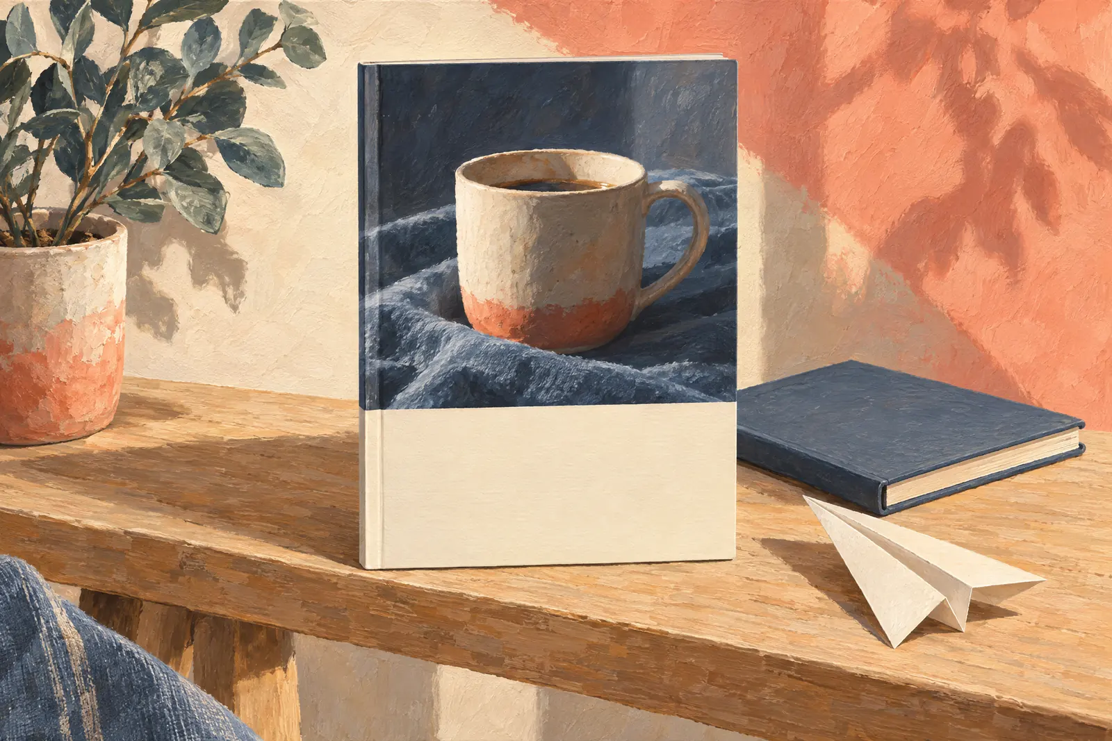 A cafe booth still life of a ebook product arranged with a paper airplane, in coral, sand, slate, and cream.