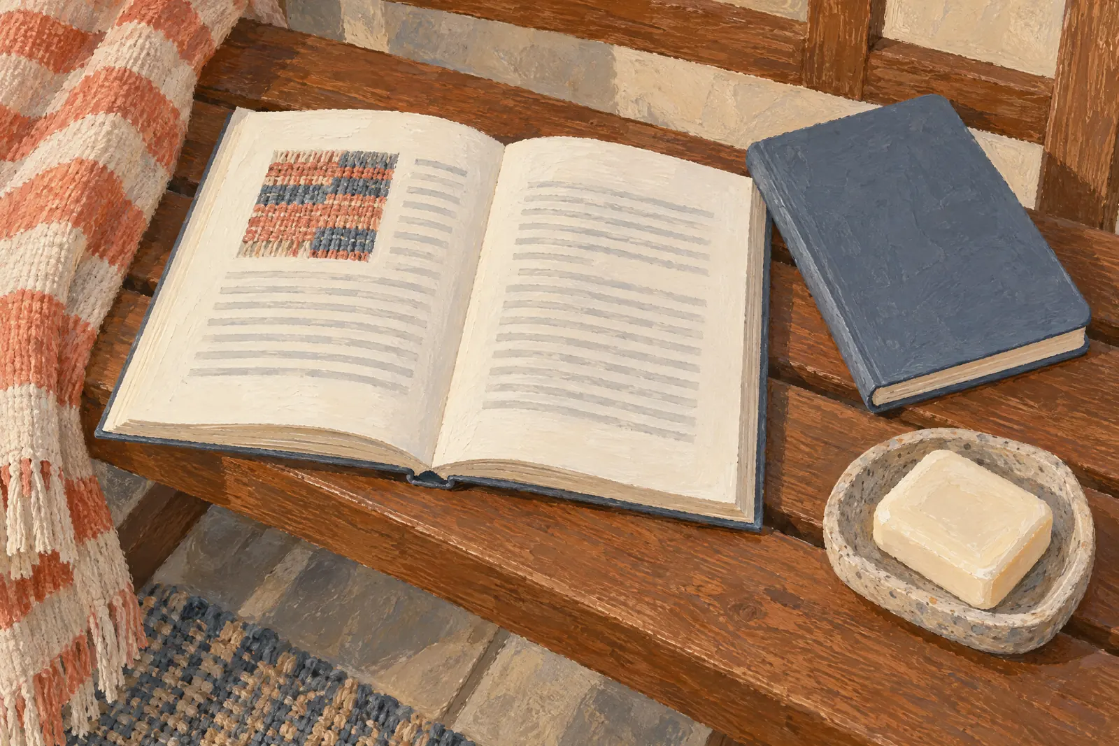A studio apartment still life of a book product arranged with a bar of cream soap, in coral, sand, slate, and cream.