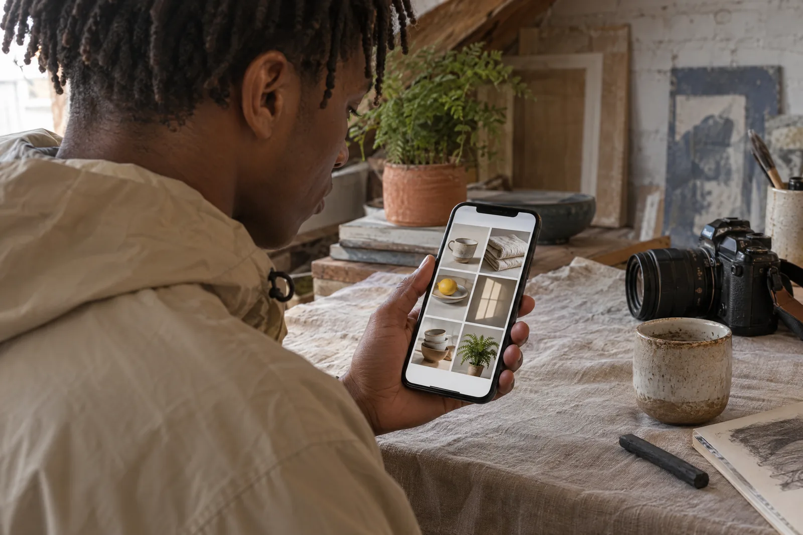 A young man with short locs in a sand rain jacket at a attic studio looks at a screen showing a photo product for sale, with a charcoal stick beside them.