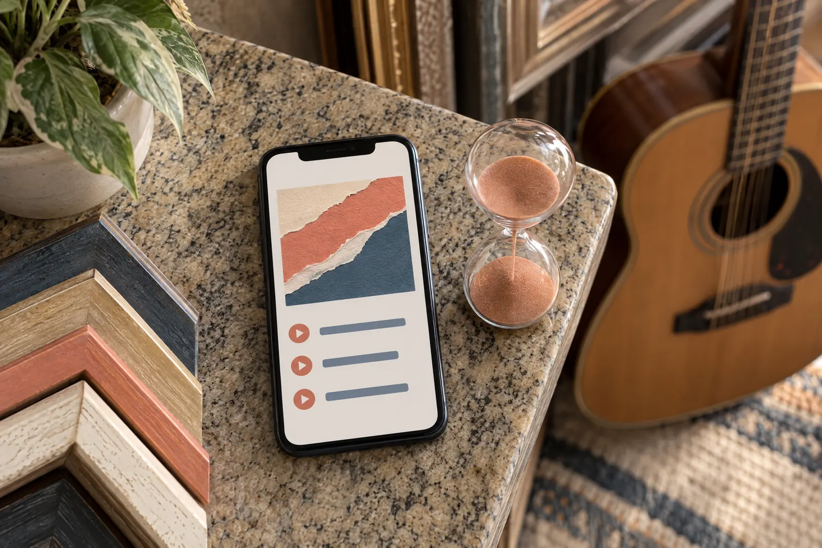 A frame shop still life of a music product arranged with a small hourglass, in coral, sand, slate, and cream.