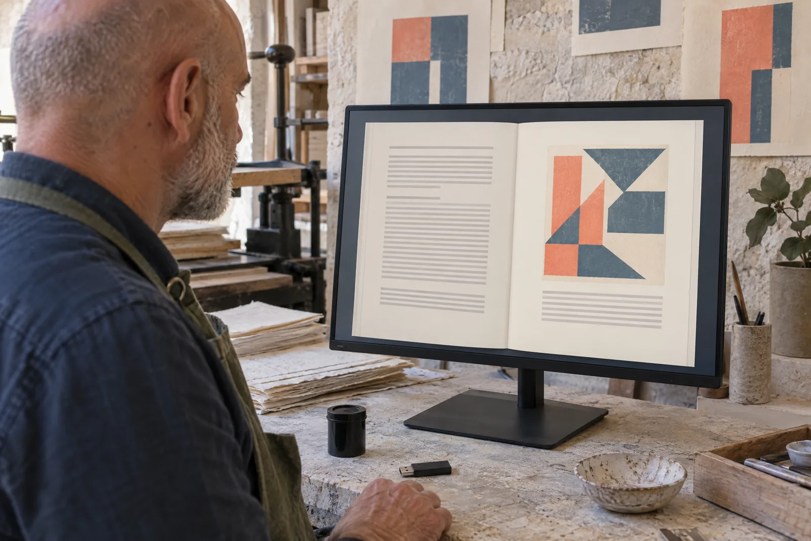 A bald man in his fifties with gray stubble in a green canvas apron at a paper studio looks at a screen showing a software product for sale, with a black film canister beside them.