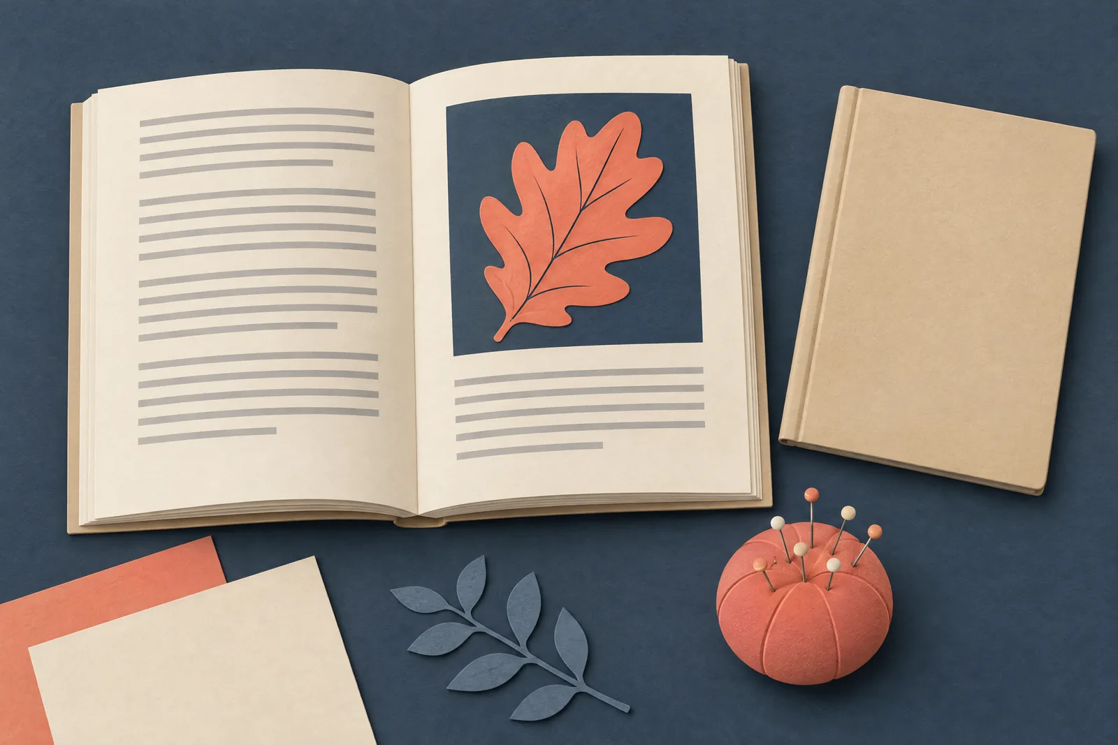 A photo bay still life of a book product arranged with a round pin cushion, in coral, sand, slate, and cream.