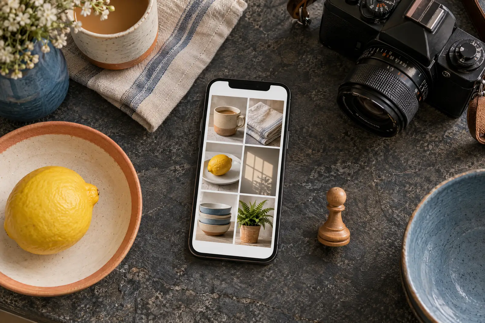 A kitchen nook still life of a photo product arranged with a wooden chess pawn, in coral, sand, slate, and cream.