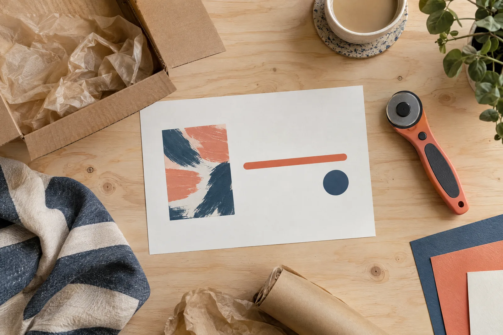 A studio apartment still life of a delivery product arranged with a rotary cutter, in coral, sand, slate, and cream.