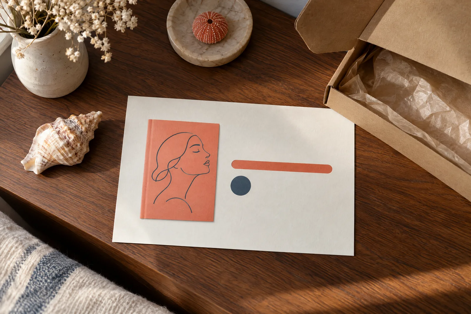 A bedroom alcove still life of a delivery product arranged with a seashell, in coral, sand, slate, and cream.