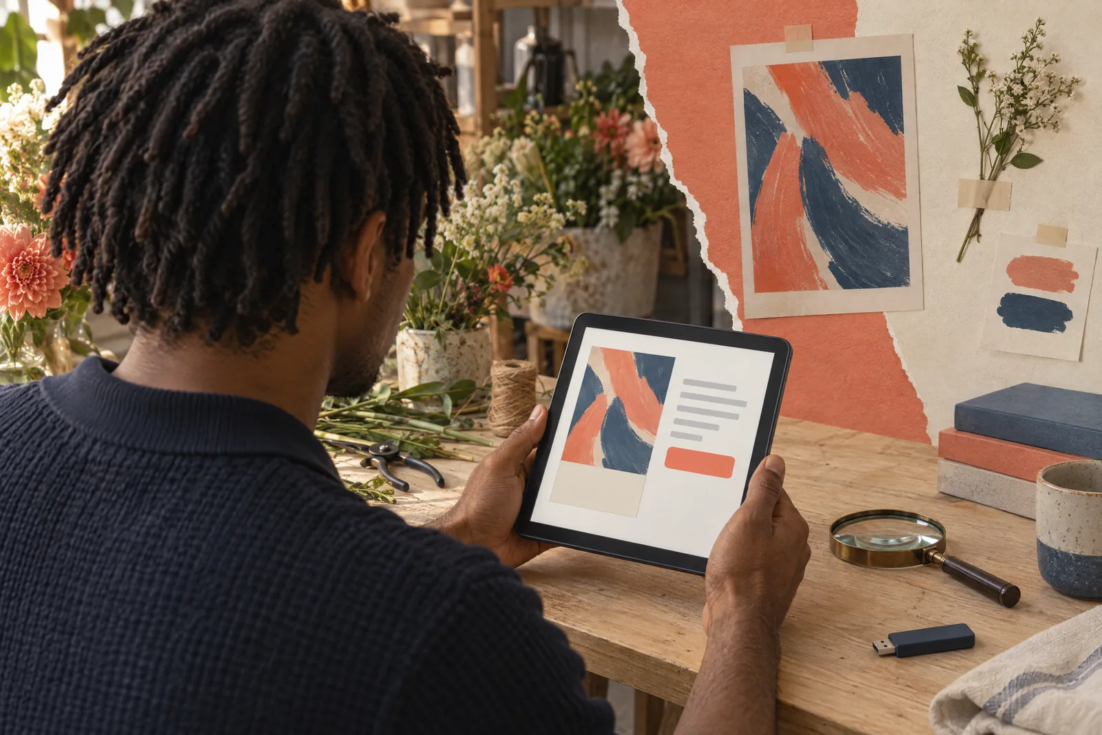 A young man with short locs in a navy knit polo at a flower workroom looks at a screen showing a software product for sale, with a magnifying glass beside them.
