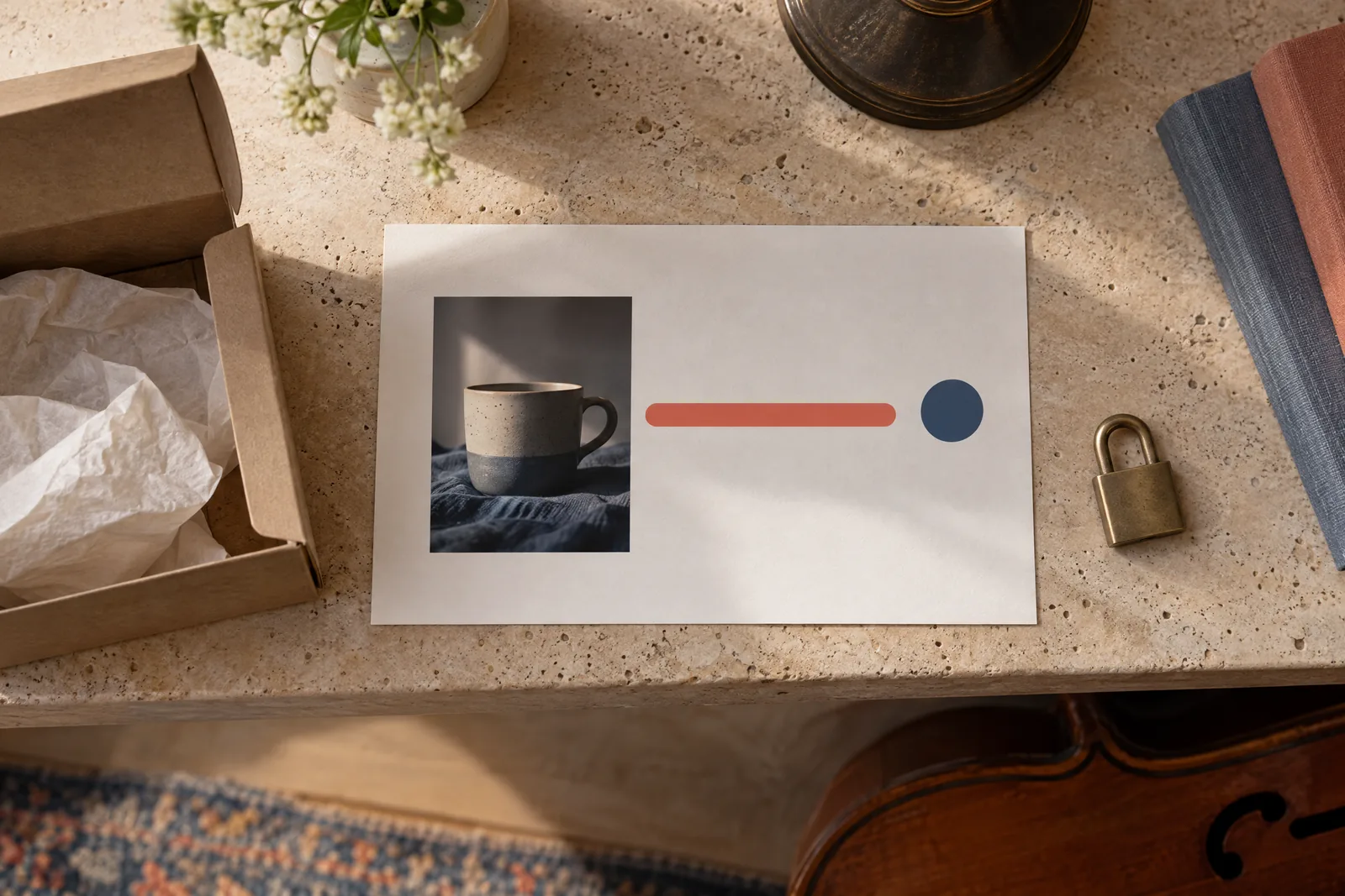 A music room still life of a delivery product arranged with a small brass padlock, in coral, sand, slate, and cream.