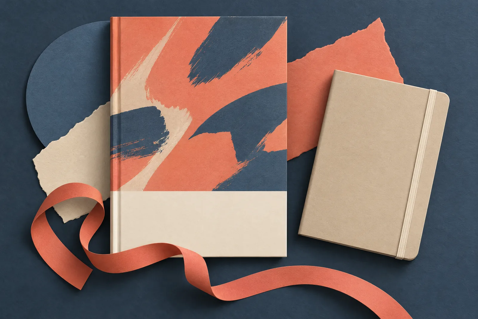 A library carrel still life of a ebook product arranged with a coiled coral ribbon, in coral, sand, slate, and cream.