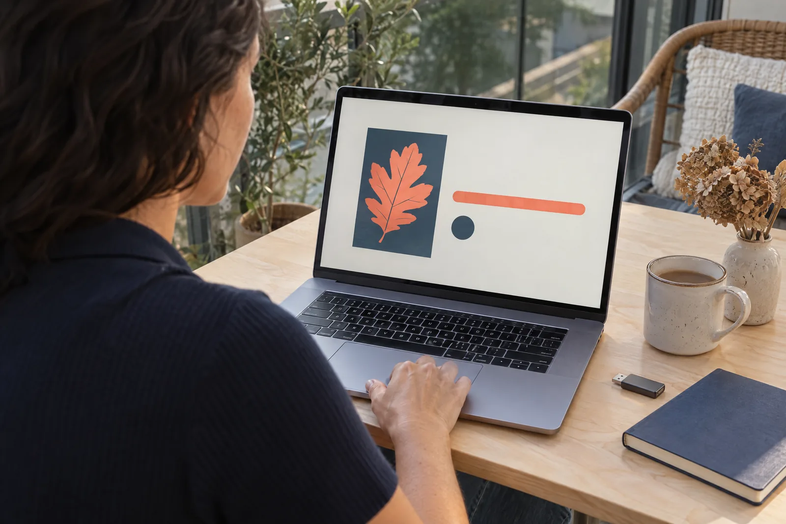 A woman in her thirties with dark wavy hair in a navy knit polo at a glass balcony looks at a screen showing a software product for sale, with a dried flower beside them.