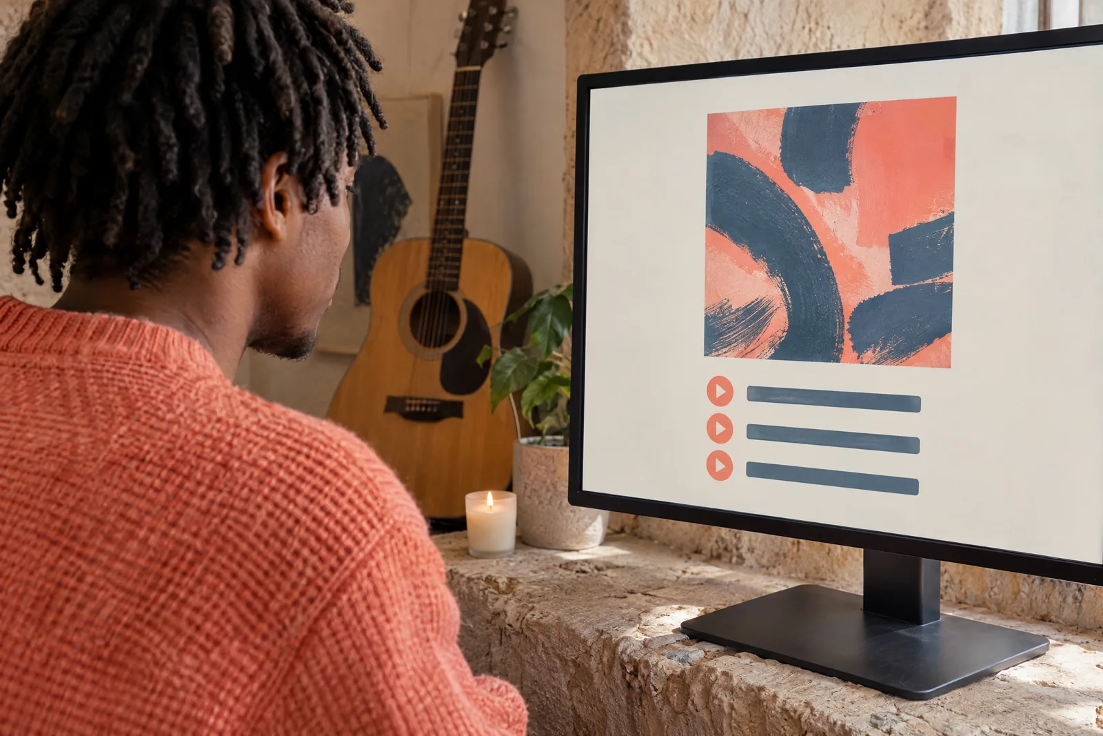 A young man with short locs in a coral knit sweater at a photo bay looks at a screen showing a music product for sale, with a short white candle beside them.