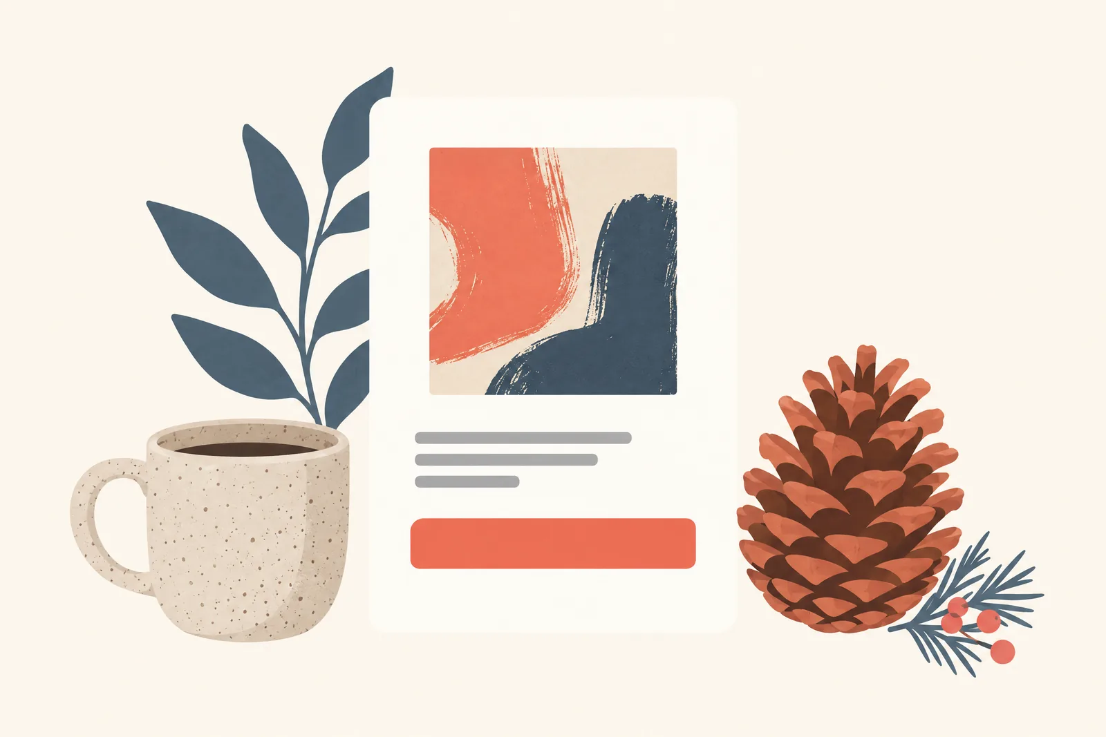 A bakery side counter still life of a general product arranged with a pinecone, in coral, sand, slate, and cream.