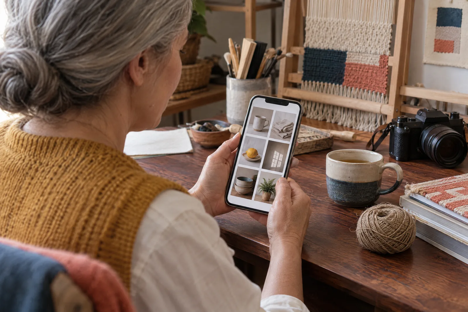 A woman in her fifties with silver hair in a low bun in a mustard knit vest at a weave studio looks at a screen showing a photo product for sale, with a ball of twine beside them.