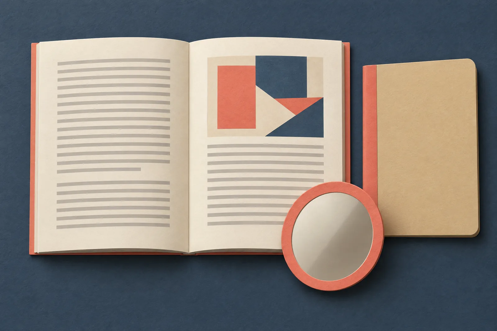 A garden shed still life of a book product arranged with a small round mirror, in coral, sand, slate, and cream.