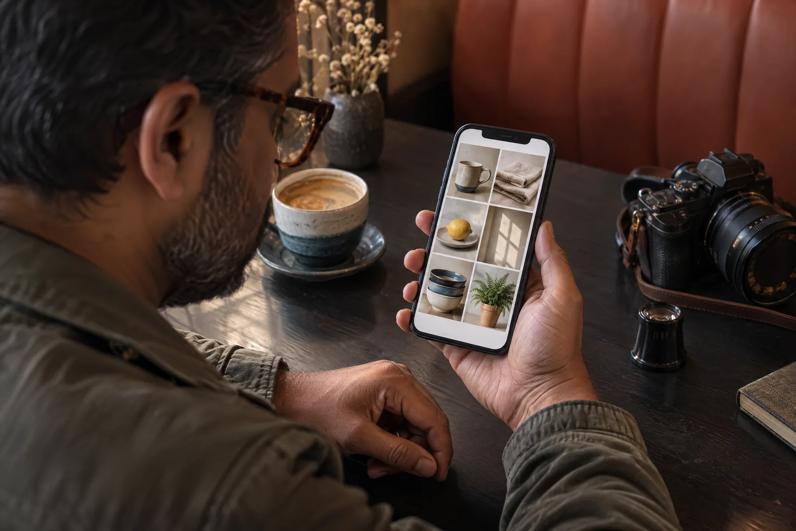 A south asian man in his forties with tortoiseshell glasses in a olive field jacket at a cafe booth looks at a screen showing a photo product for sale, with a film loupe beside them.