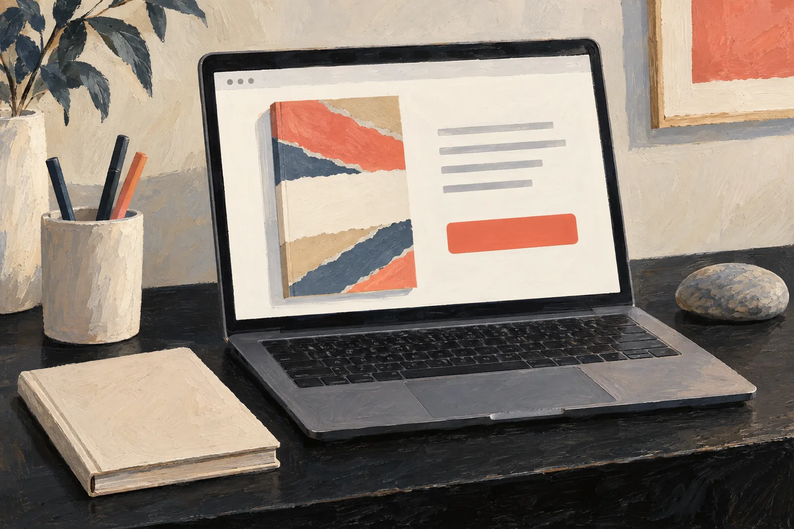 A cabin desk still life of a book product arranged with a smooth river stone, in coral, sand, slate, and cream.