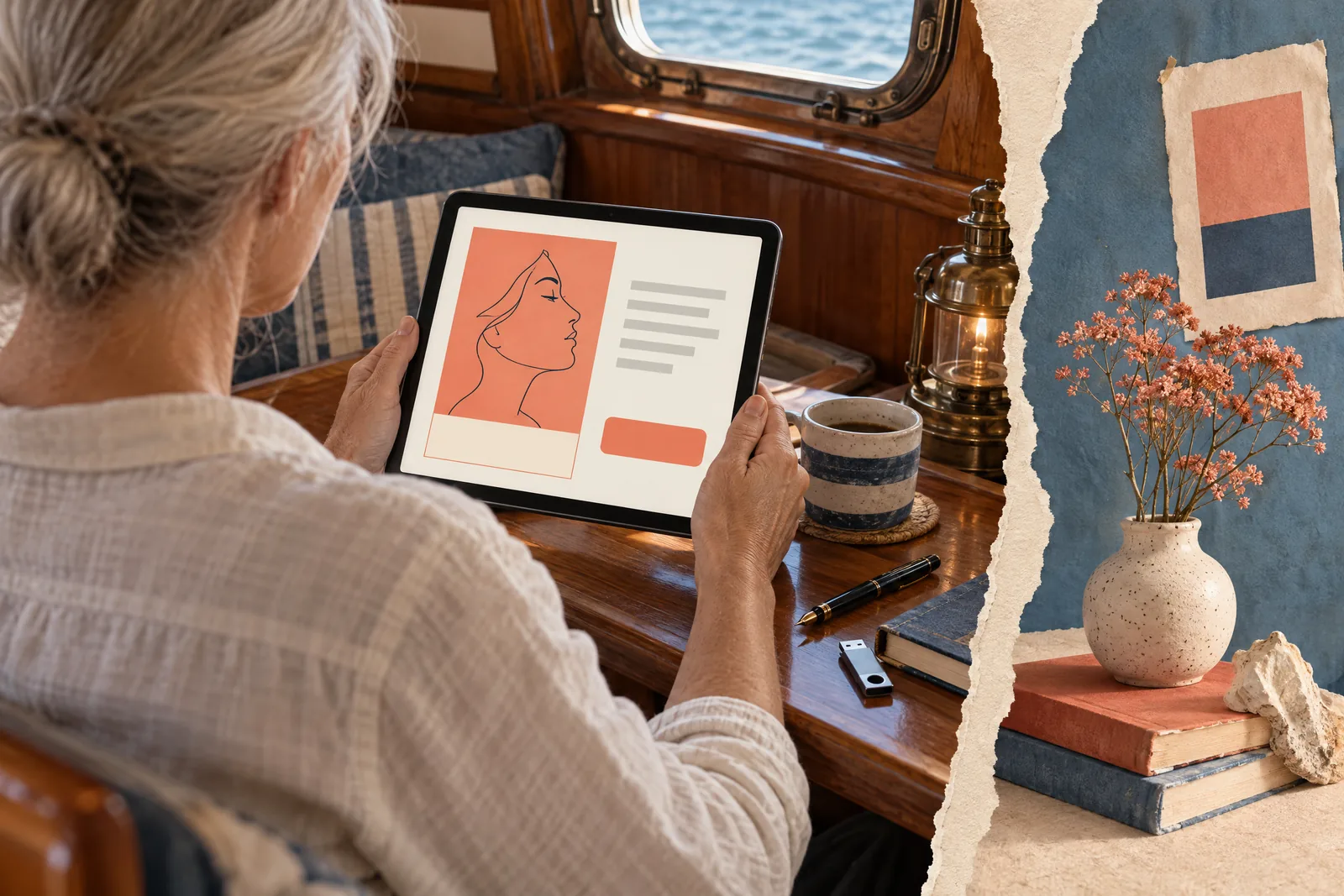 A woman in her fifties with silver hair in a low bun in a cream linen shirt at a boat cabin looks at a screen showing a software product for sale, with a fountain pen beside them.