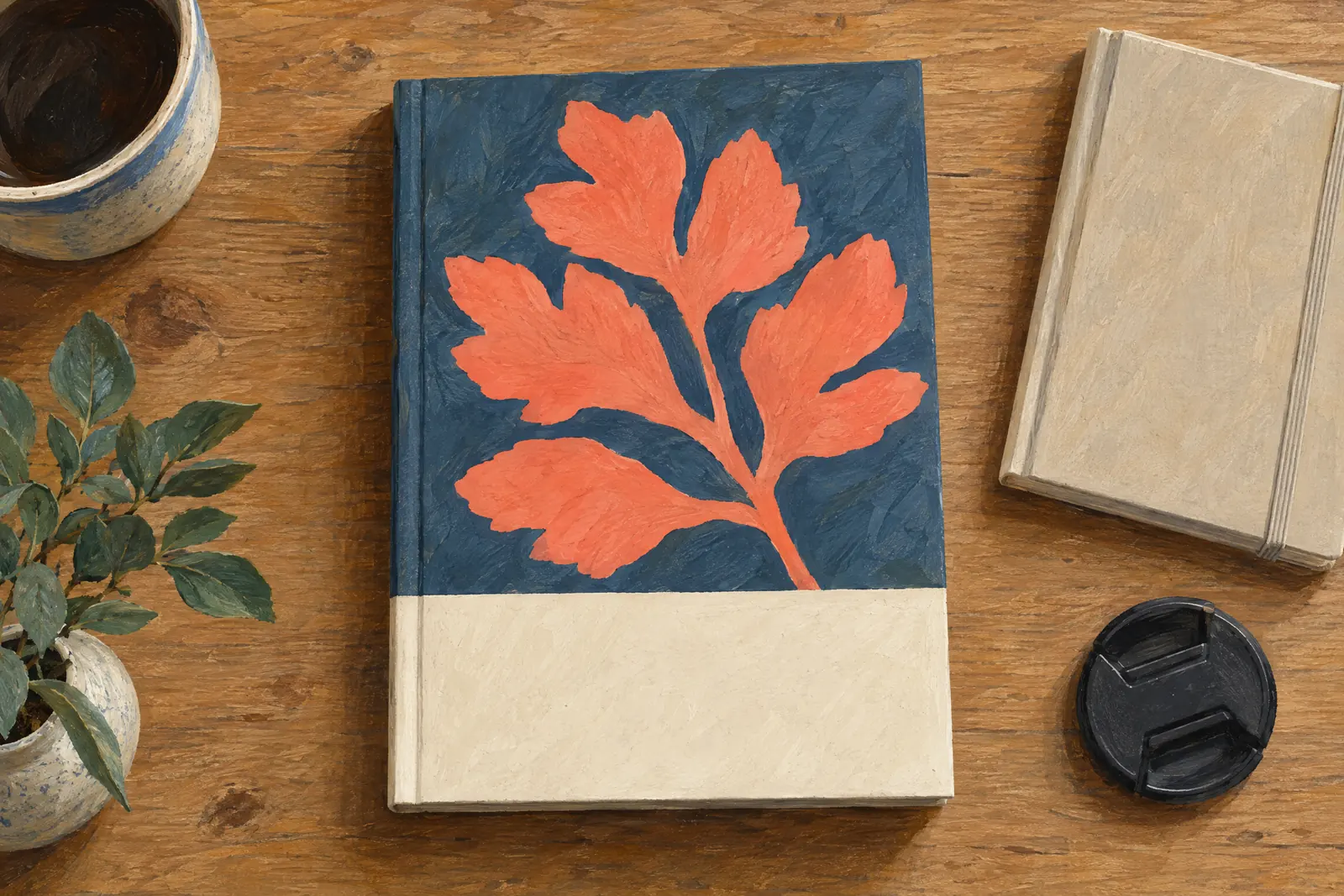 A covered porch still life of a ebook product arranged with a camera lens cap, in coral, sand, slate, and cream.