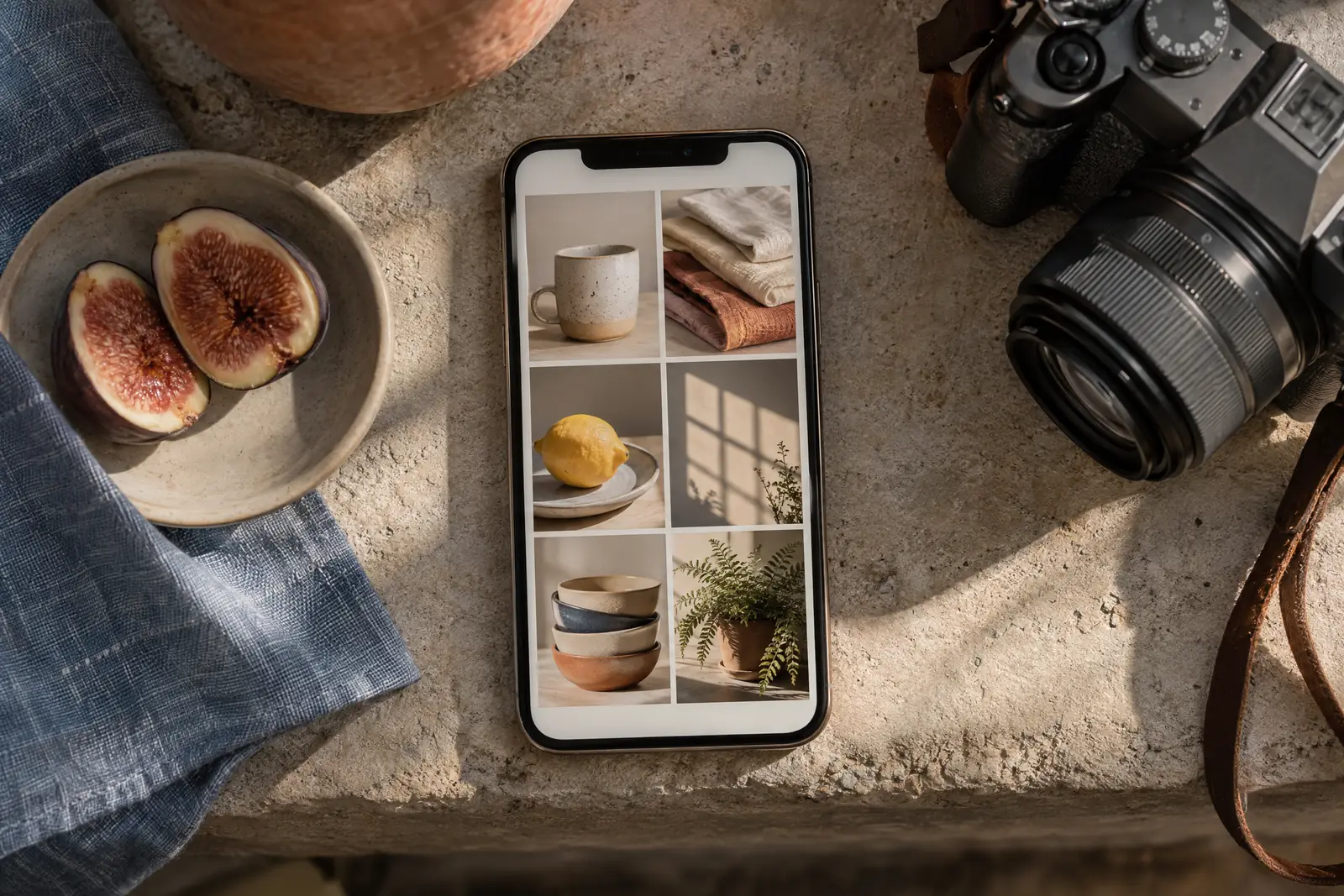 A craft barn still life of a photo product arranged with a split fig, in coral, sand, slate, and cream.