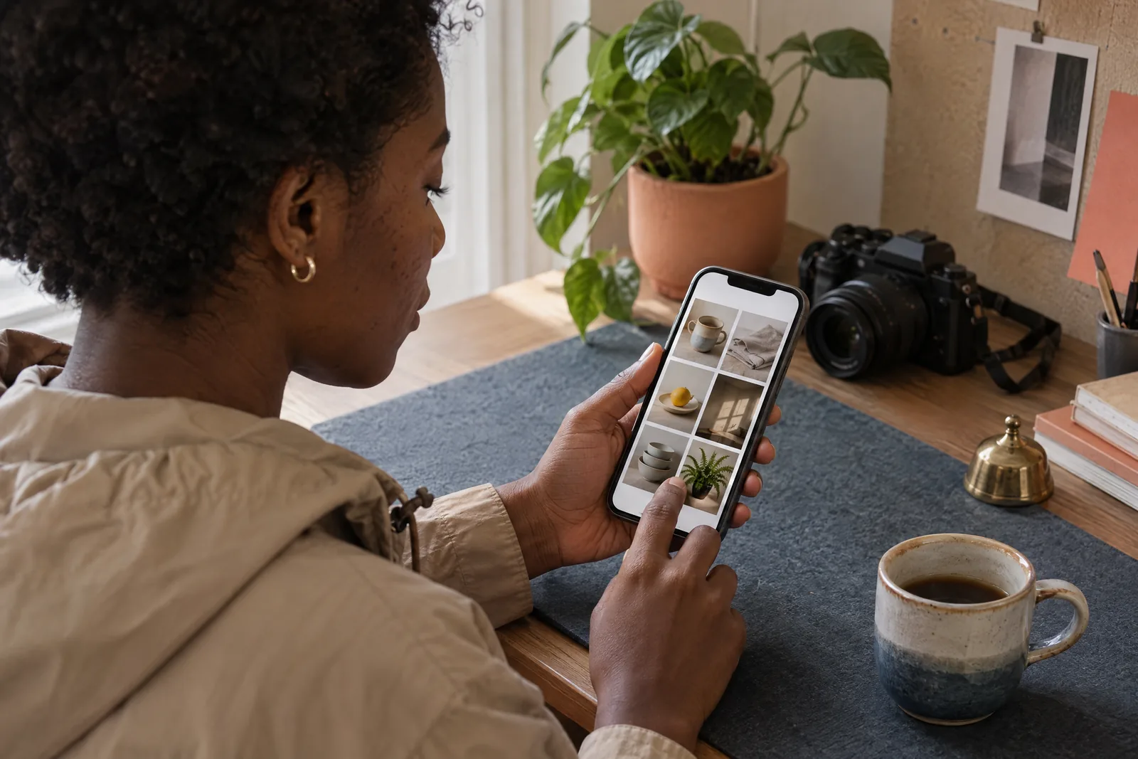 A black woman in her twenties with short natural hair in a sand rain jacket at a studio apartment looks at a screen showing a photo product for sale, with a small brass bell beside them.