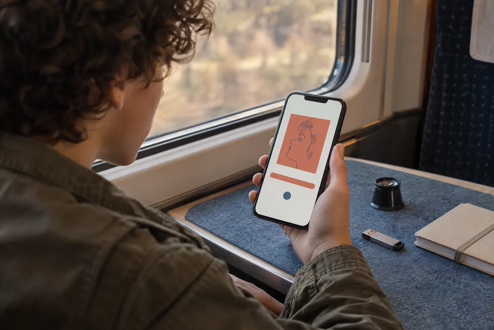A teenager with curly hair in a olive field jacket at a train compartment looks at a screen showing a software product for sale, with a film loupe beside them.