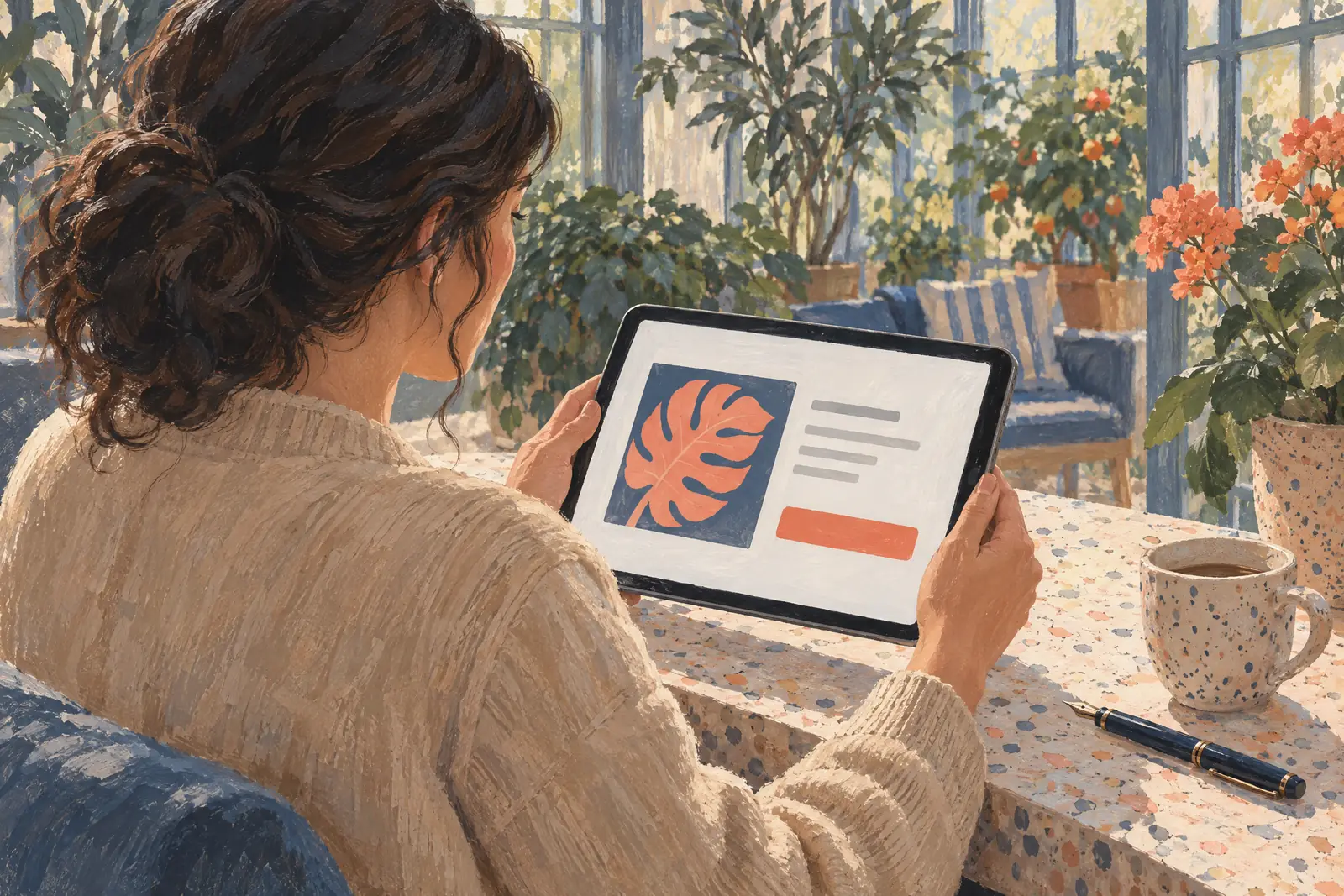 A woman in her thirties with dark wavy hair in a sand cardigan at a conservatory looks at a screen showing a payment product for sale, with a speckled ceramic cup beside them.