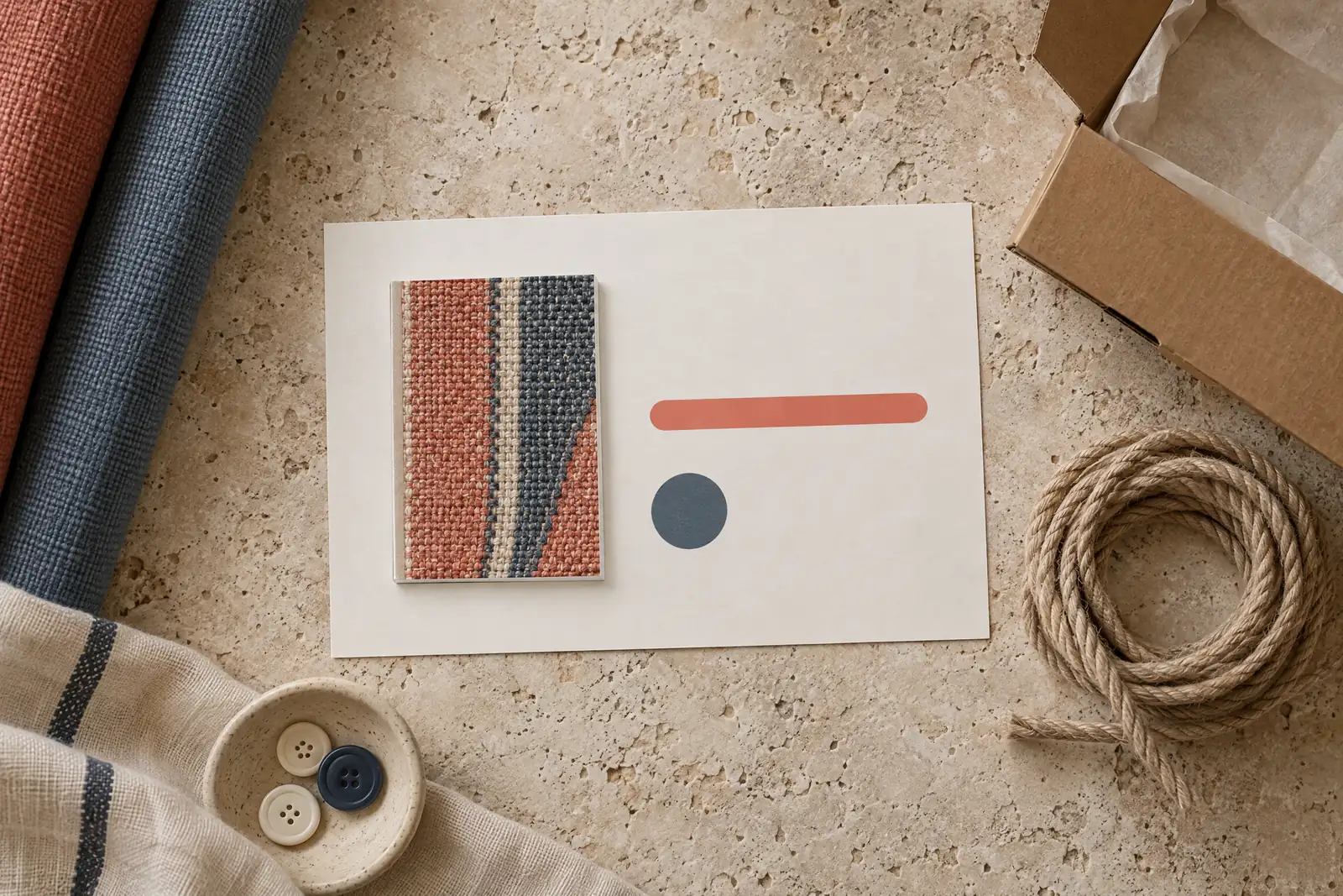 A tailor shop still life of a delivery product arranged with a coil of natural rope, in coral, sand, slate, and cream.