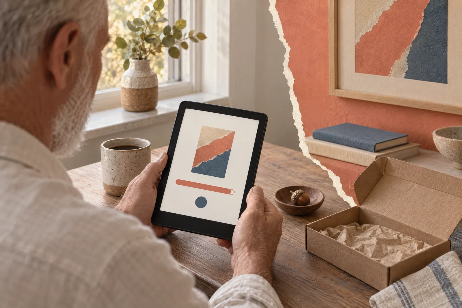 A man in his sixties with a close-cropped white beard in a cream linen shirt at a window seat looks at a screen showing a delivery product for sale, with an acorn beside them.