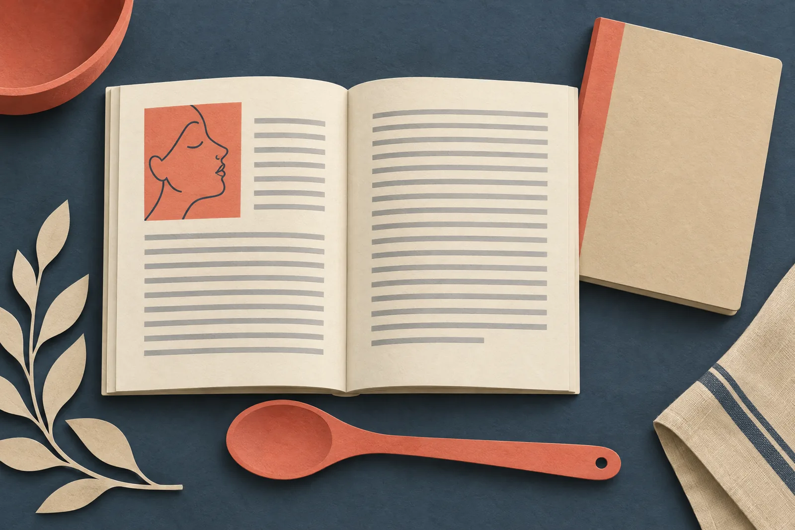 A kitchen nook still life of a book product arranged with a wooden spoon, in coral, sand, slate, and cream.