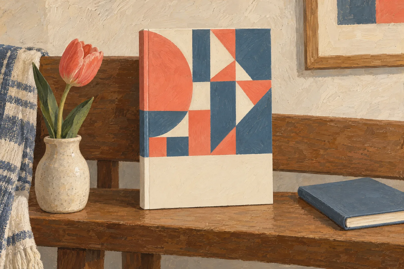 A glass studio still life of a ebook product arranged with a single tulip, in coral, sand, slate, and cream.