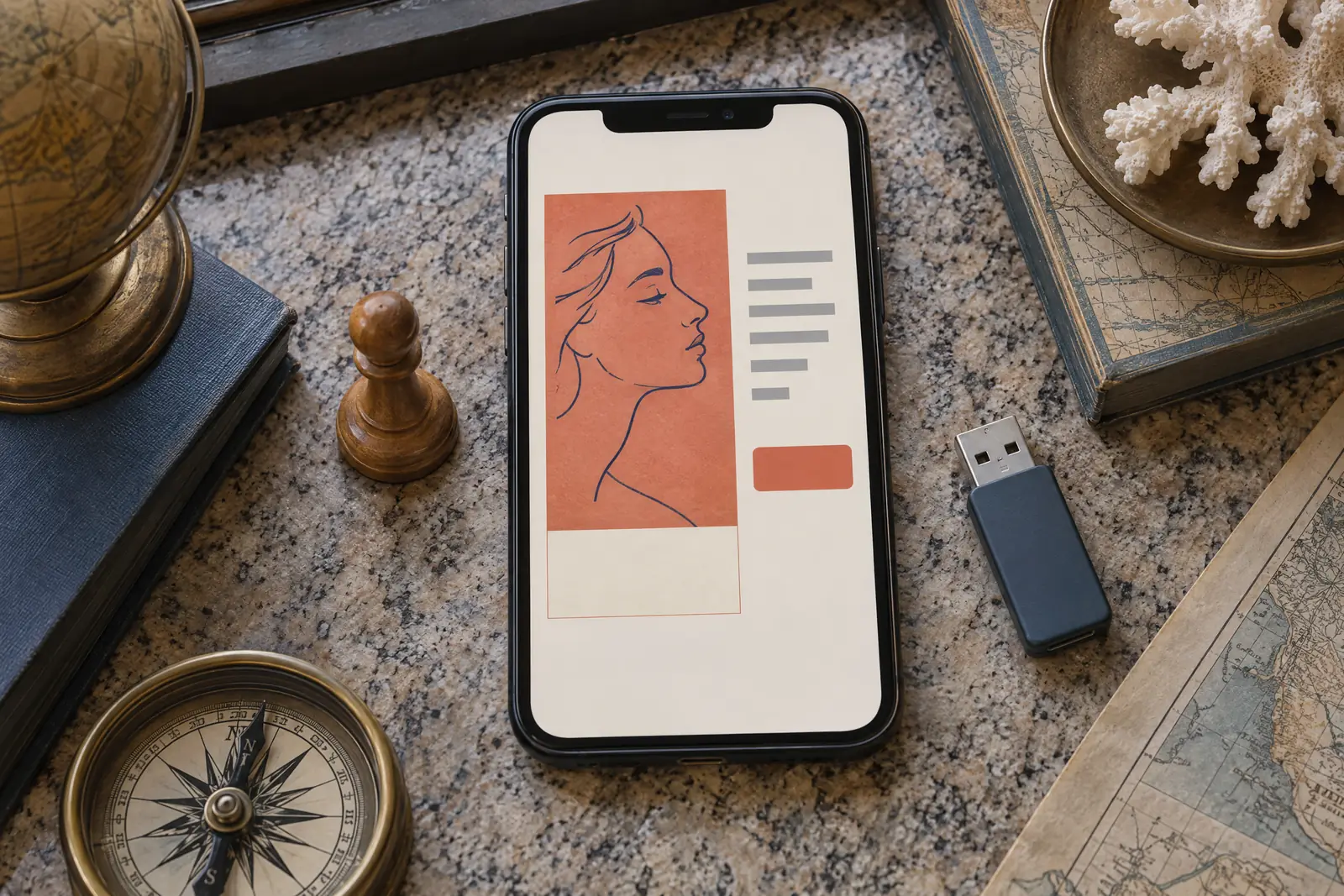 A map room still life of a software product arranged with a wooden chess pawn, in coral, sand, slate, and cream.