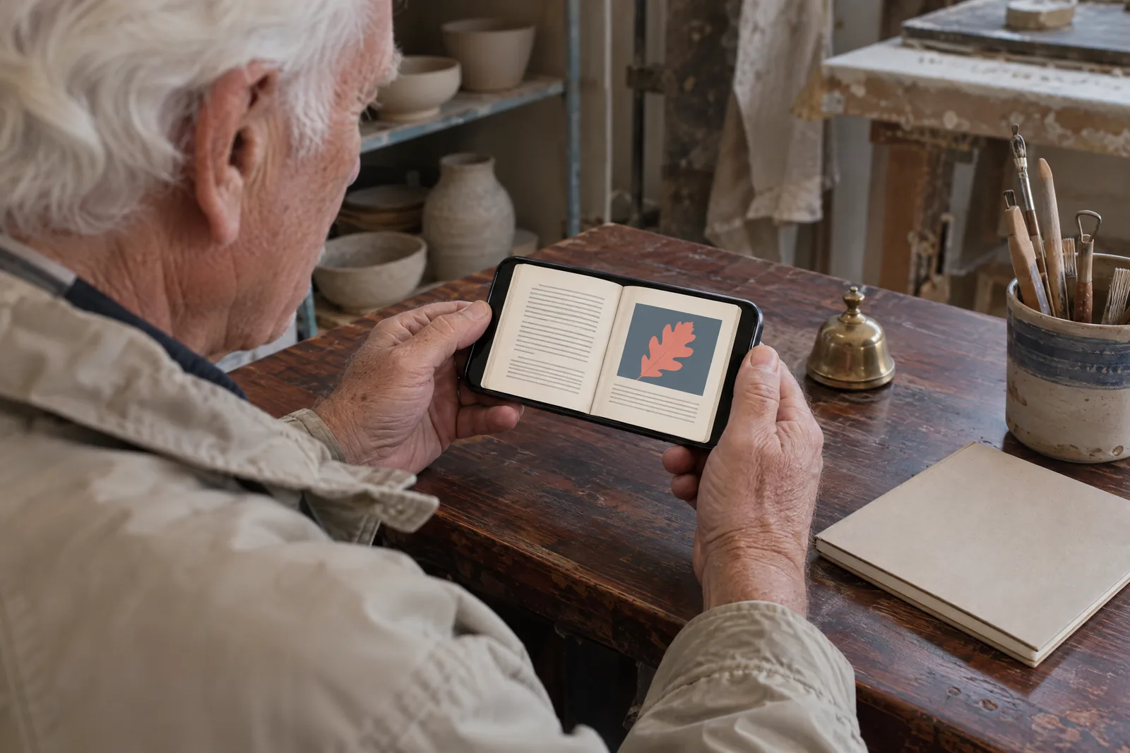 A man in his seventies with white hair in a sand rain jacket at a clay studio looks at a screen showing a book product for sale, with a small brass bell beside them.