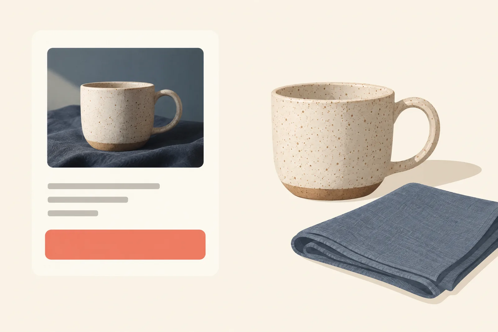 A frame shop still life of a general product arranged with a folded linen napkin, in coral, sand, slate, and cream.