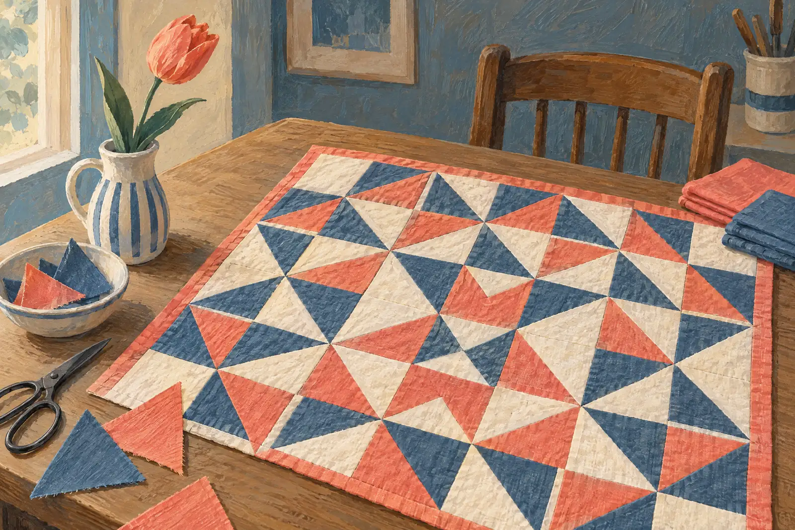 A boat cabin still life of a craft product arranged with a single tulip, in coral, sand, slate, and cream.