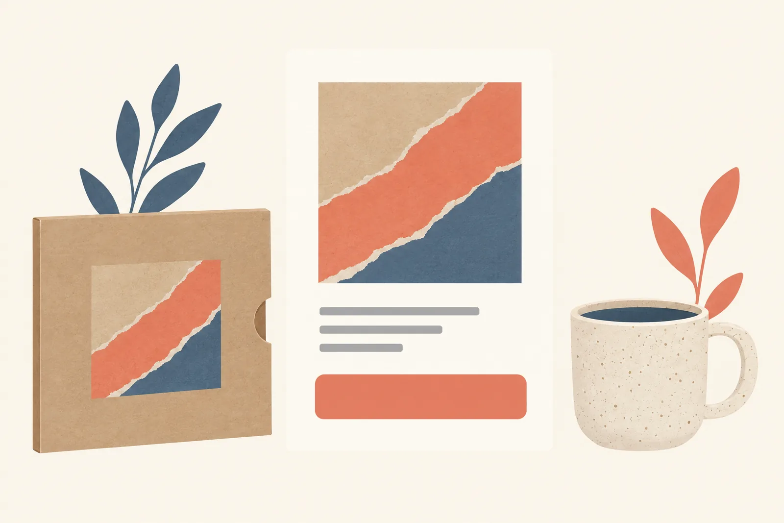 A rehearsal corner still life of a general product arranged with a flat kraft sleeve, in coral, sand, slate, and cream.