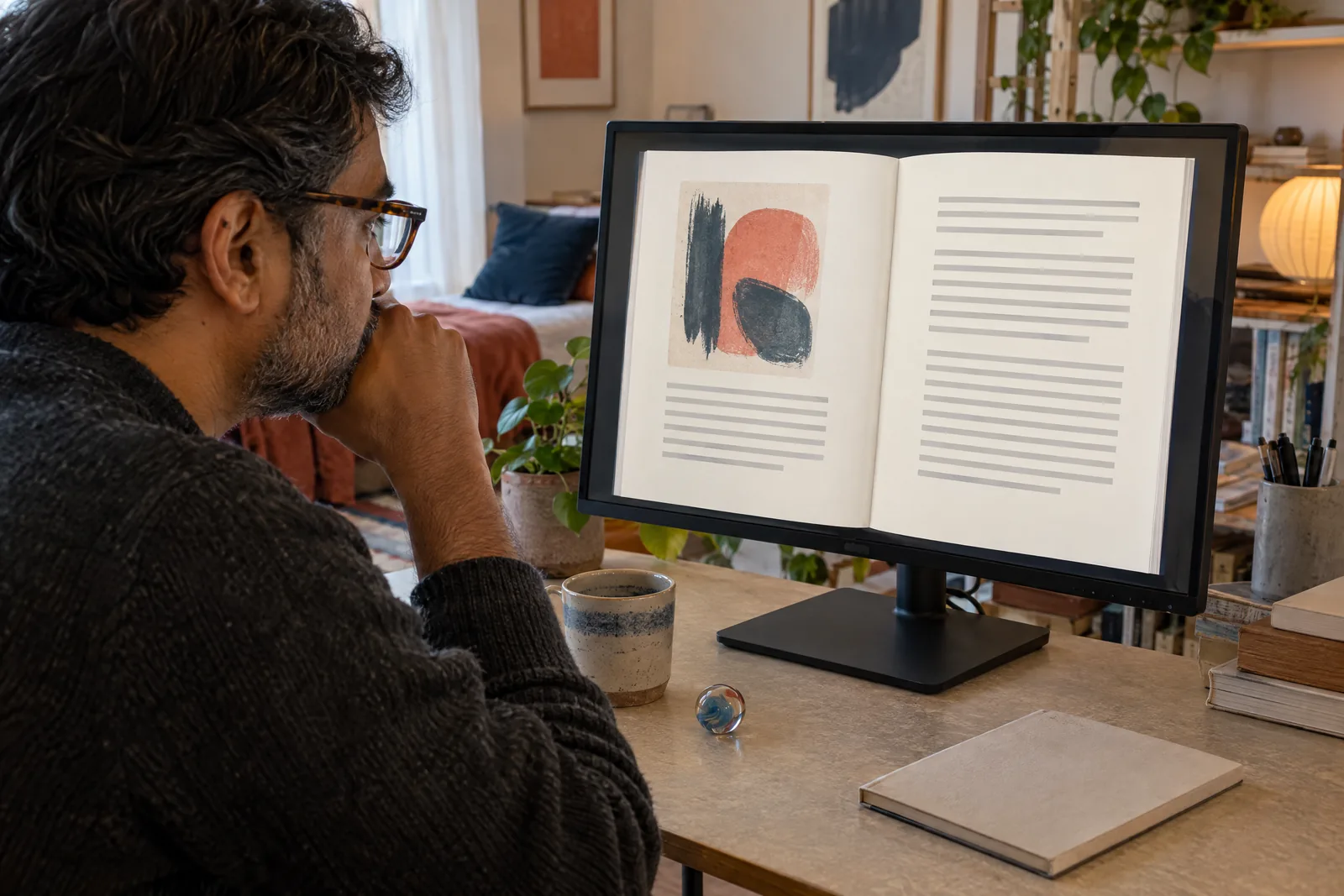 A south asian man in his forties with tortoiseshell glasses in a charcoal sweater at a studio apartment looks at a screen showing a book product for sale, with a glass marble beside them.