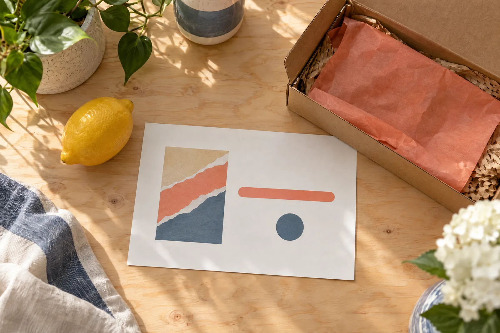 A conservatory still life of a delivery product arranged with a lemon, in coral, sand, slate, and cream.