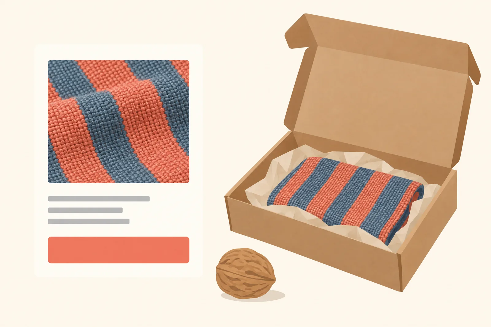 A rooftop room still life of a delivery product arranged with a walnut, in coral, sand, slate, and cream.