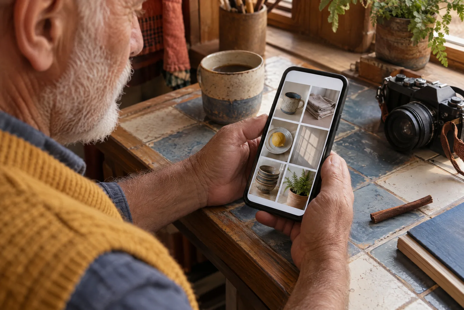 A man in his sixties with a close-cropped white beard in a mustard knit vest at a cabin desk looks at a screen showing a photo product for sale, with a cinnamon stick beside them.