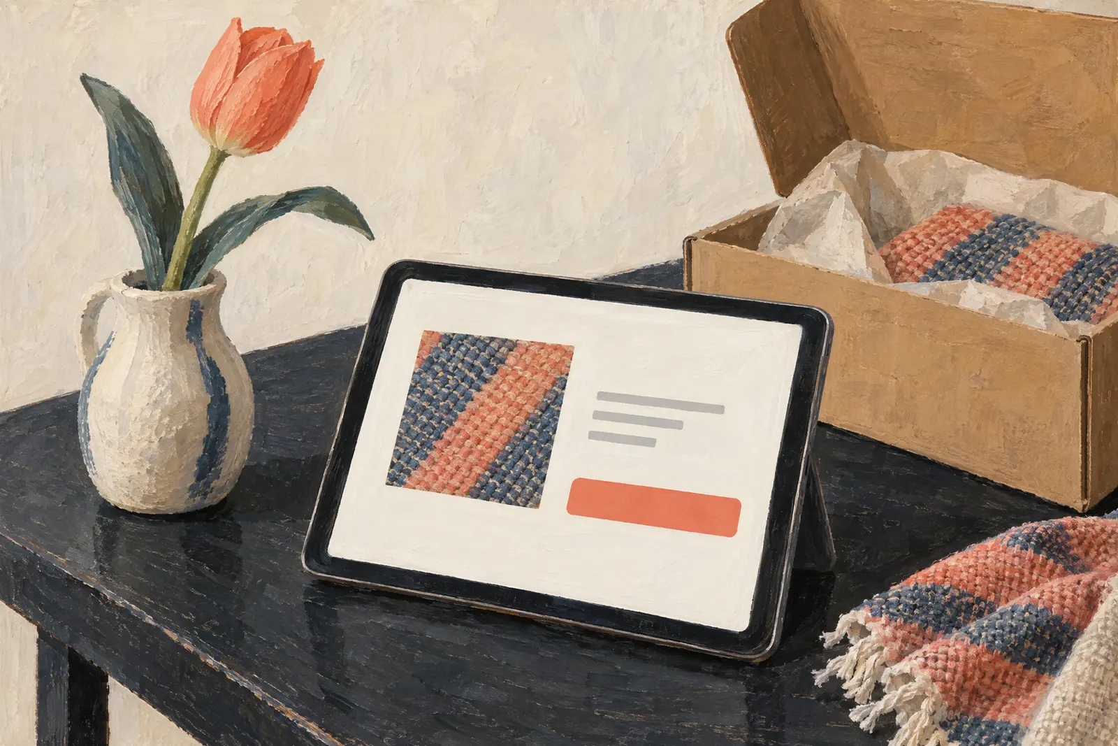 A print studio still life of a delivery product arranged with a single tulip, in coral, sand, slate, and cream.