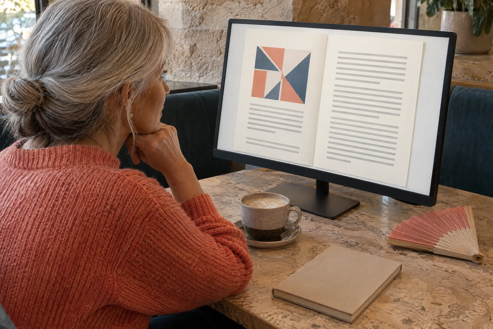 A woman in her fifties with silver hair in a low bun in a coral knit sweater at a cafe booth looks at a screen showing a book product for sale, with a paper fan beside them.
