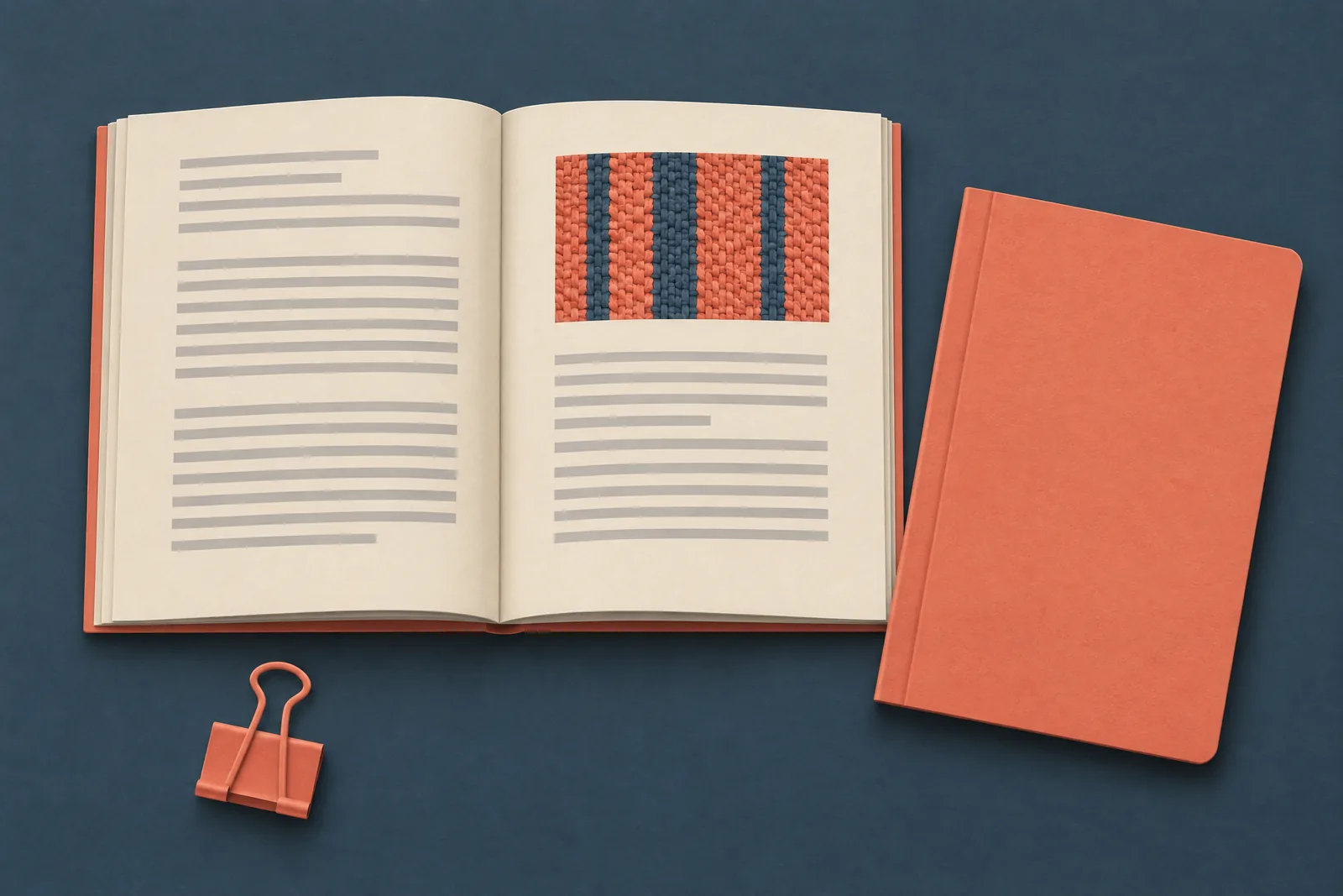 A craft barn still life of a book product arranged with a black binder clip, in coral, sand, slate, and cream.
