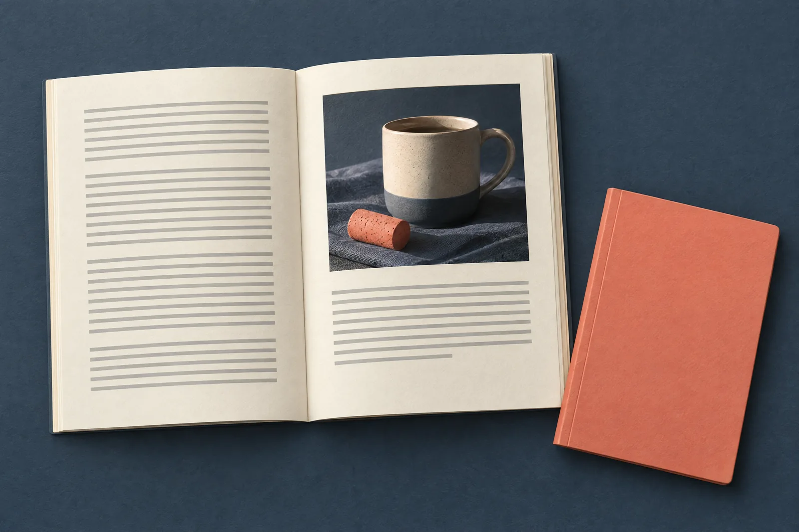 A clock shop still life of a book product arranged with a cork, in coral, sand, slate, and cream.