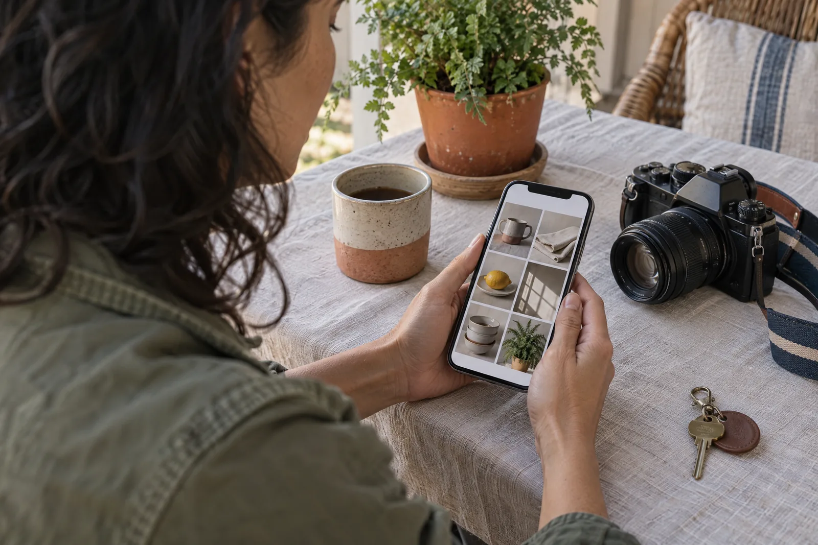 A woman in her thirties with dark wavy hair in a olive field jacket at a covered porch looks at a screen showing a photo product for sale, with a house key beside them.