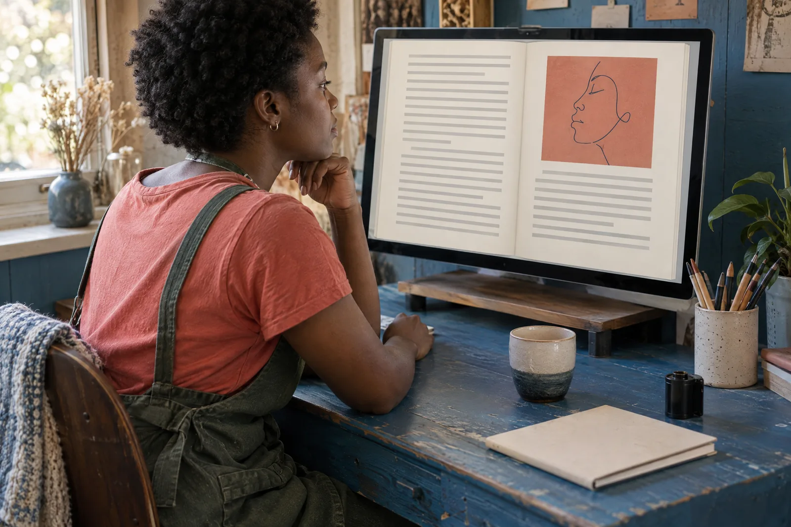 A black woman in her twenties with short natural hair in a green canvas apron at a cabin desk looks at a screen showing a book product for sale, with a black film canister beside them.