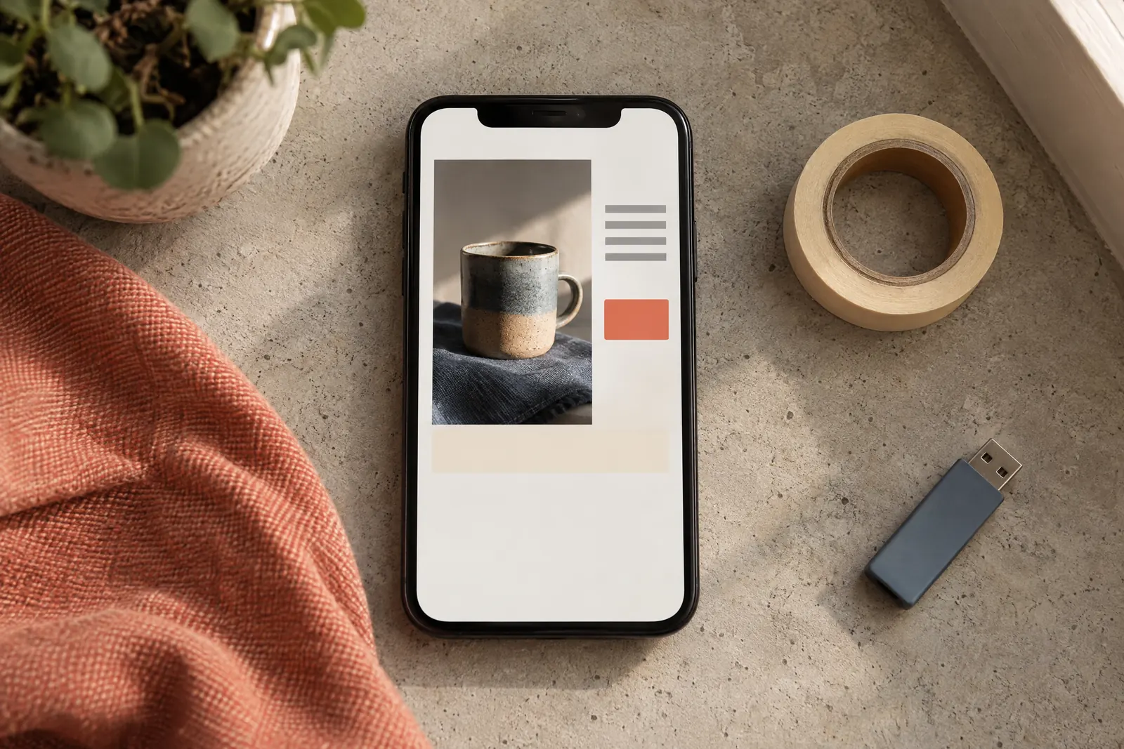 A guest room still life of a software product arranged with a roll of masking tape, in coral, sand, slate, and cream.