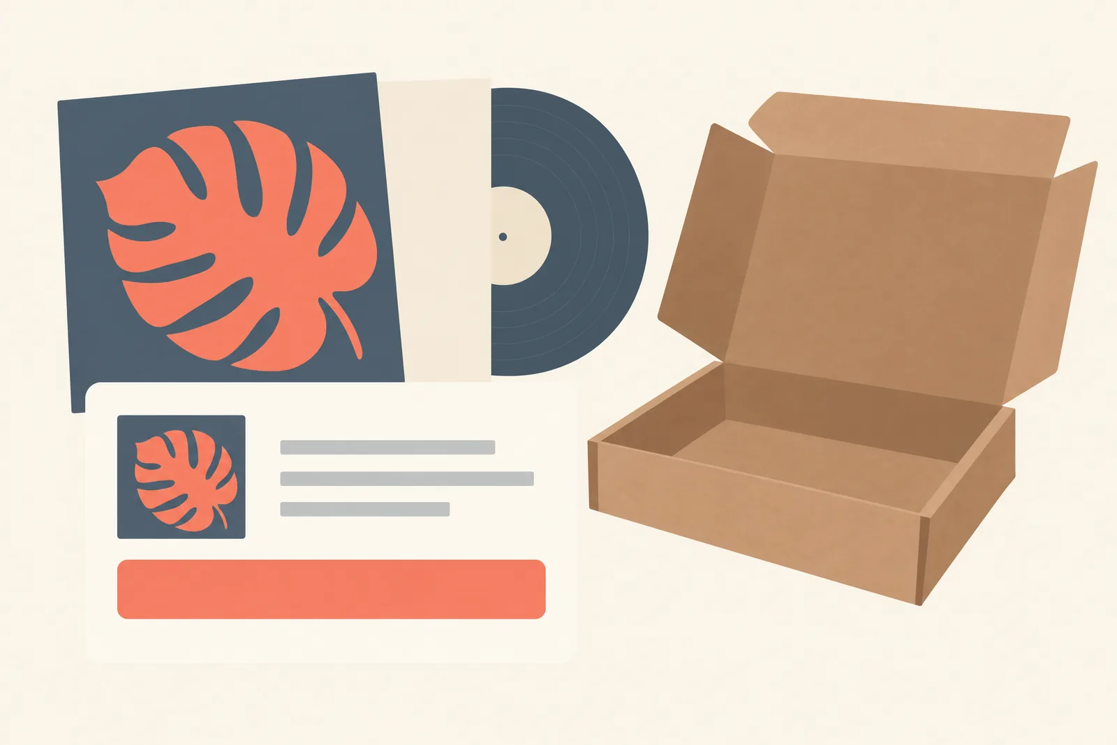 A bedroom alcove still life of a delivery product arranged with a blank vinyl sleeve, in coral, sand, slate, and cream.