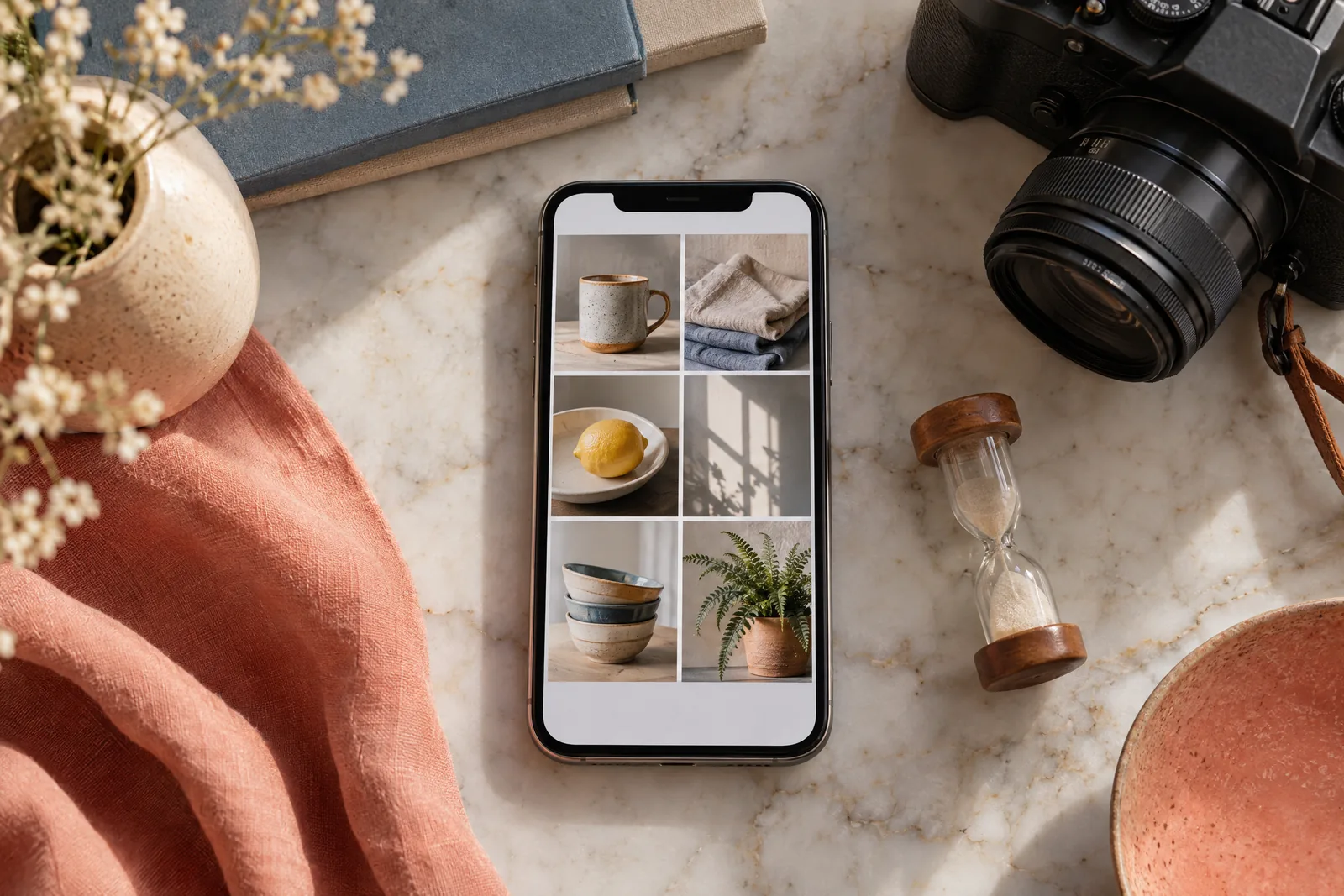 A print studio still life of a photo product arranged with a small hourglass, in coral, sand, slate, and cream.
