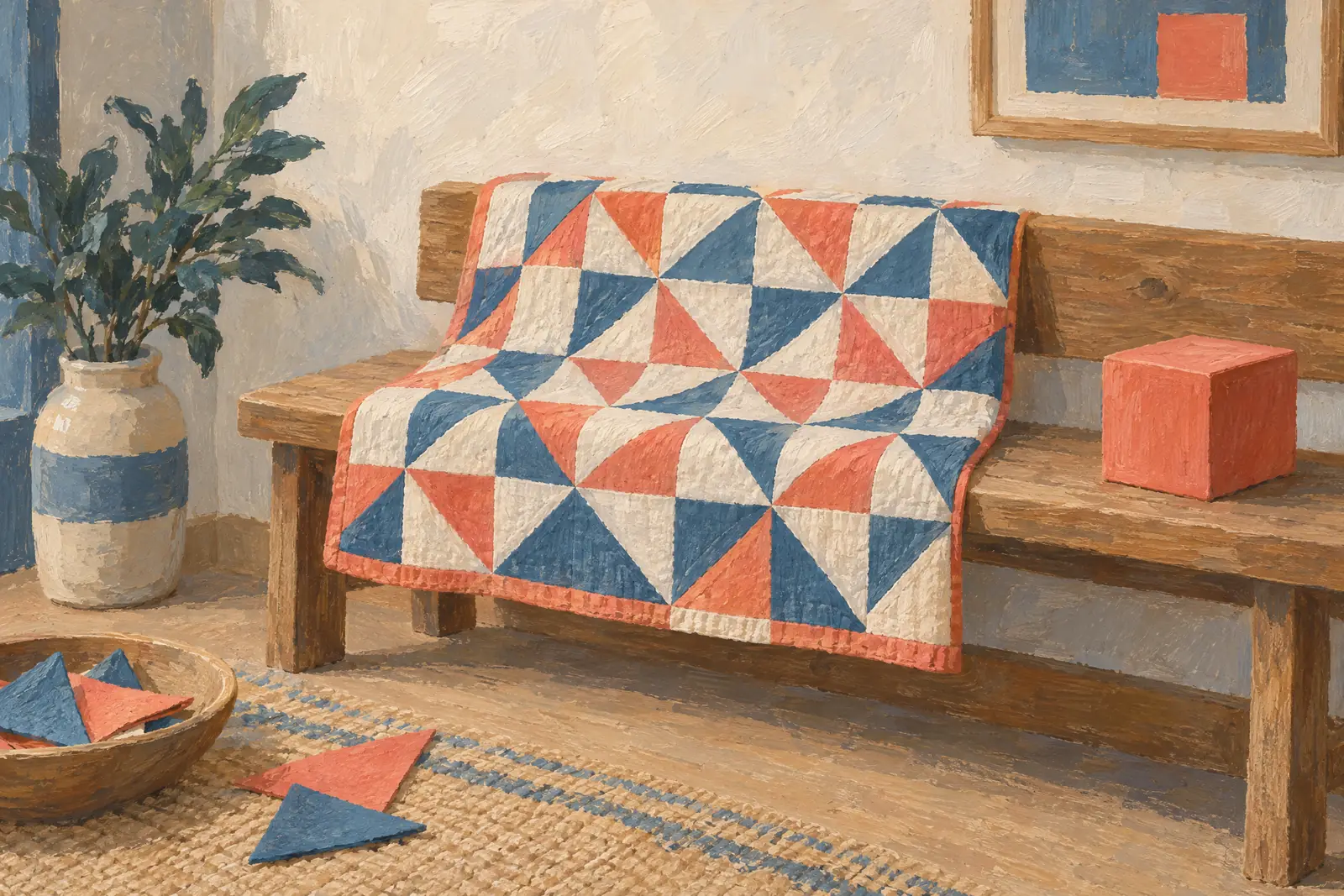 A record nook still life of a craft product arranged with a coral wooden cube, in coral, sand, slate, and cream.