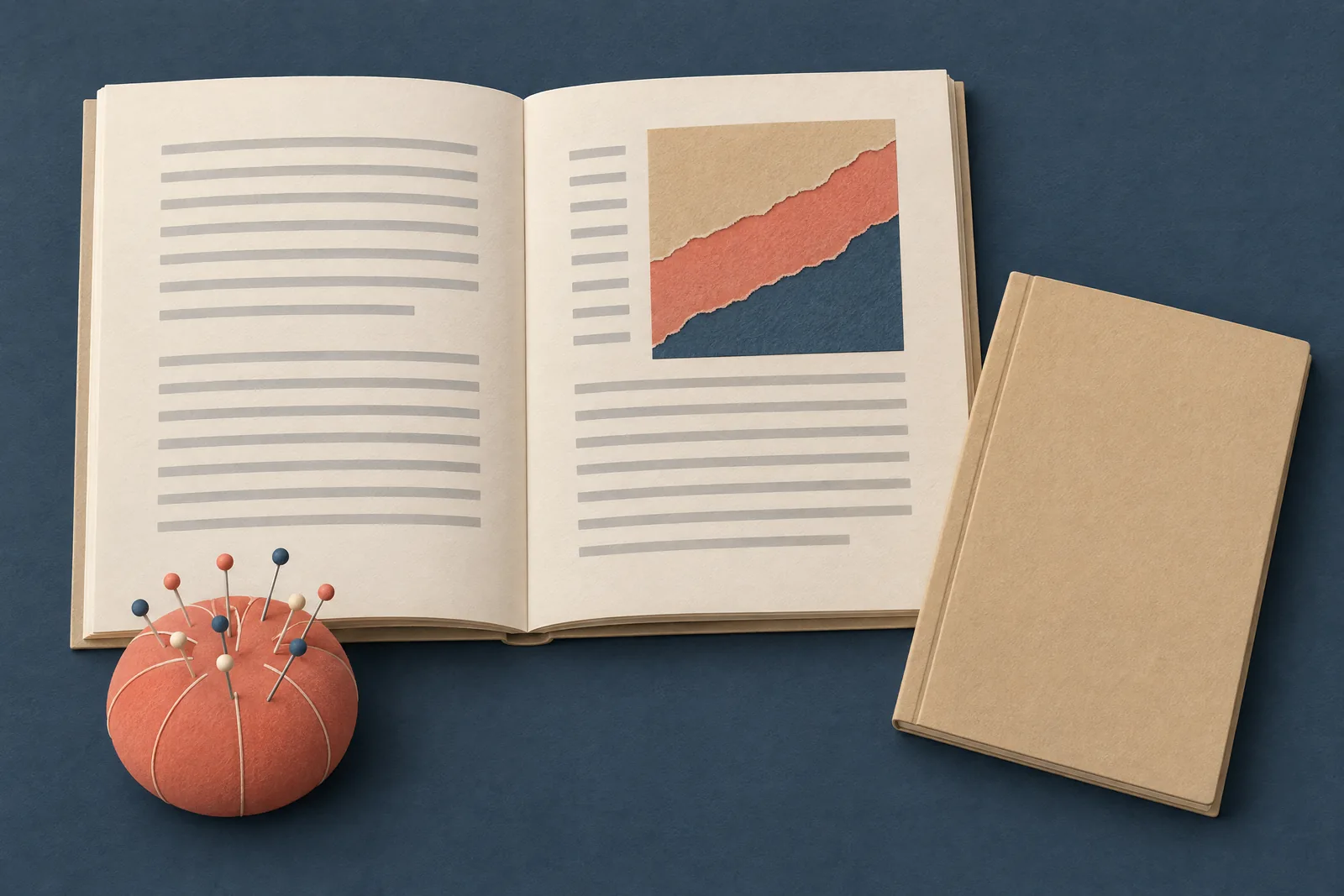 A bookstore office still life of a book product arranged with a round pin cushion, in coral, sand, slate, and cream.