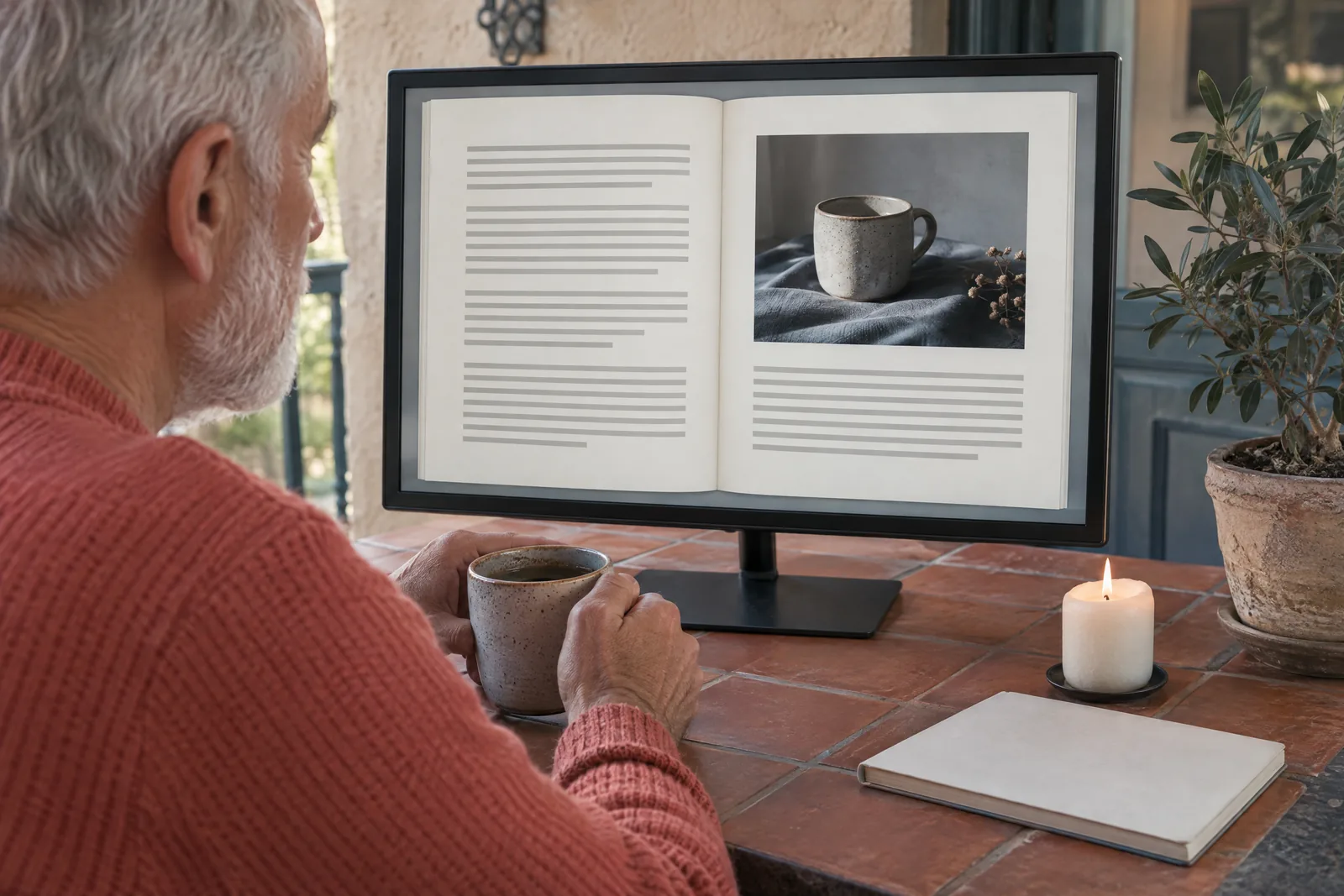 A man in his sixties with a close-cropped white beard in a coral knit sweater at a covered porch looks at a screen showing a book product for sale, with a short white candle beside them.